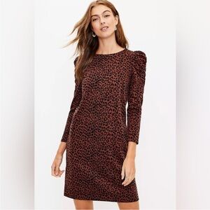 LOFT Brown Leopard Print Dress Puff sleeves Like New Large
